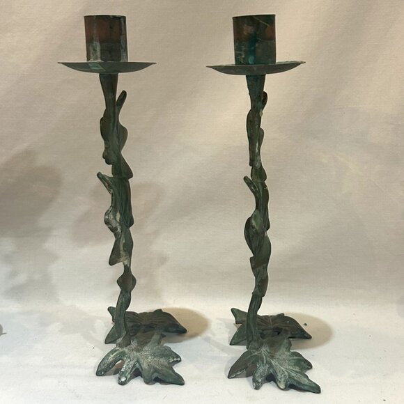 PartyLite Ivy Trellis Candlestick Holder Pair Brass Accents Green Patina - Picture 5 of 7